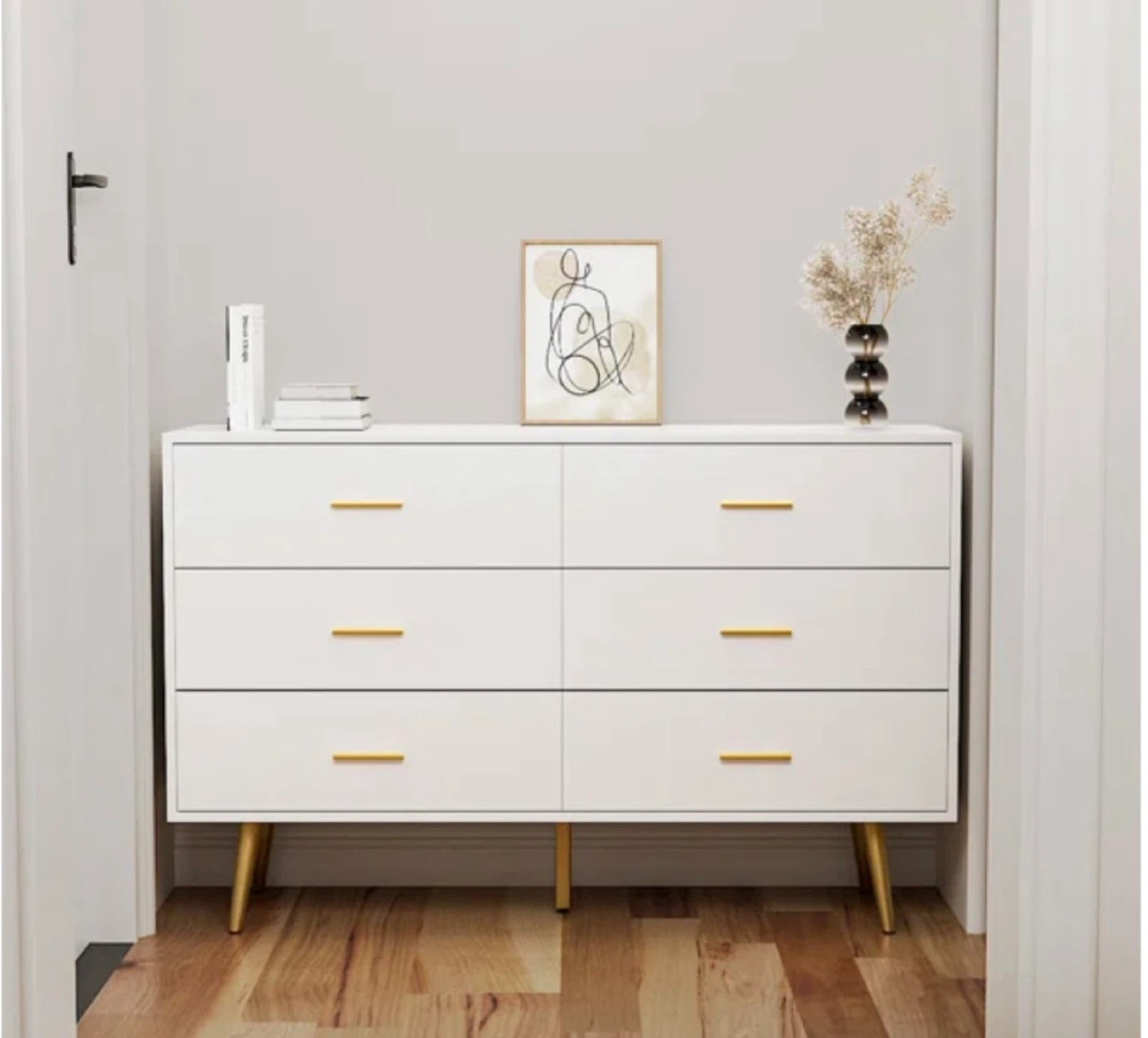 White 6-Drawer Dresser with Gold Legs