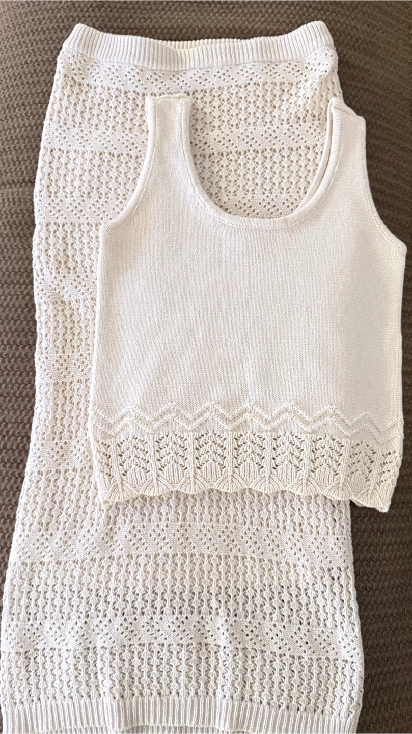 Cream Knit Tank Top and Skirt Set