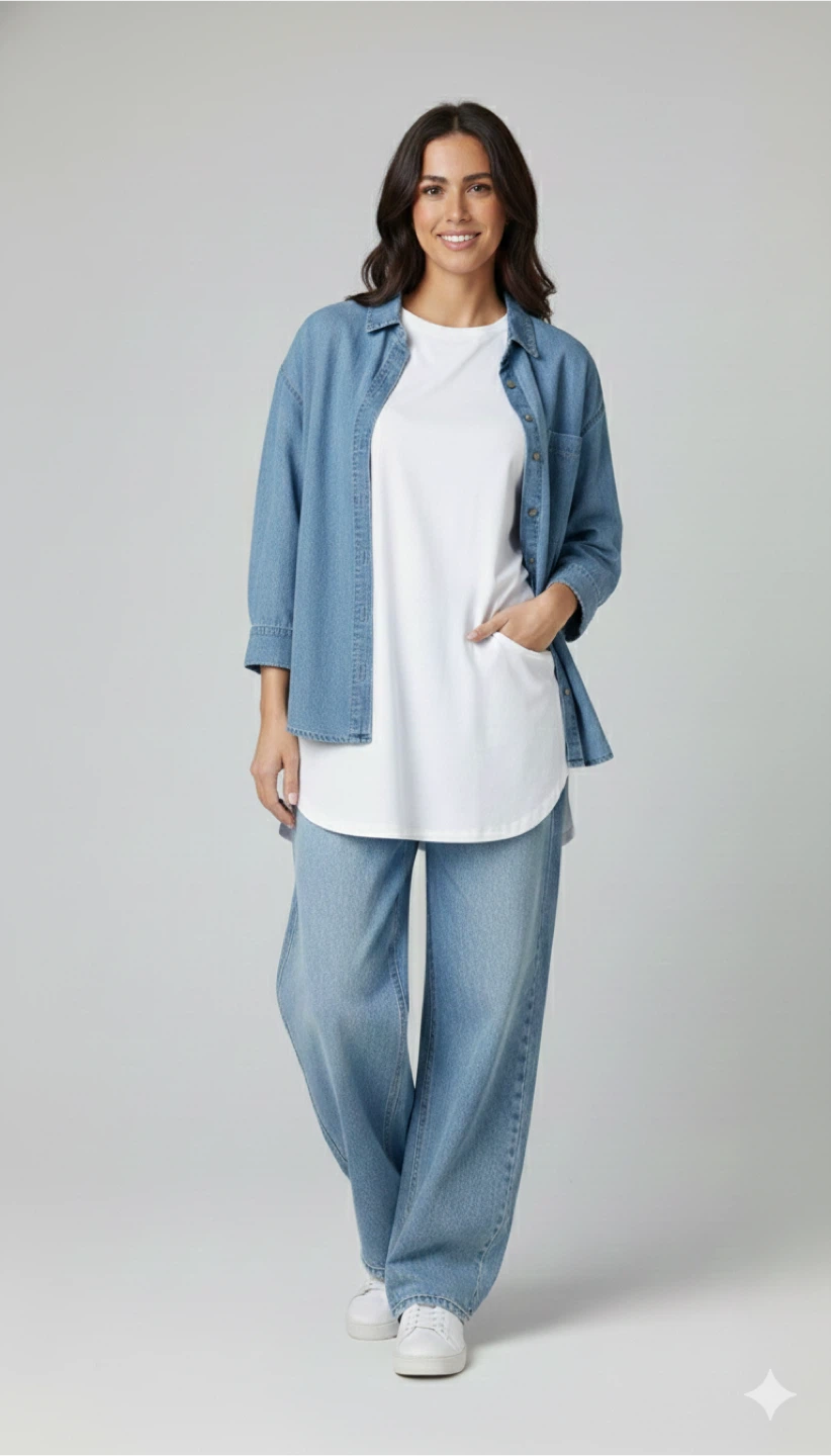 Women's Denim Shirt Tshirt Set