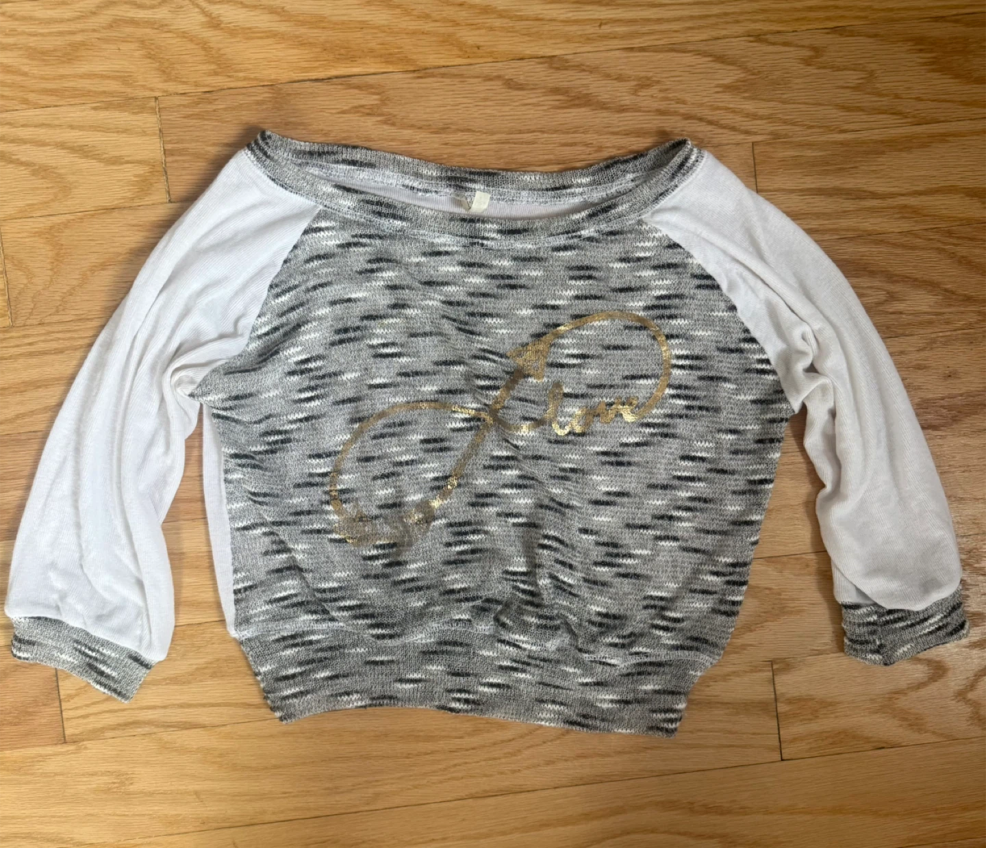 White & Gray Long Sleeve Top with Gold Graphic
