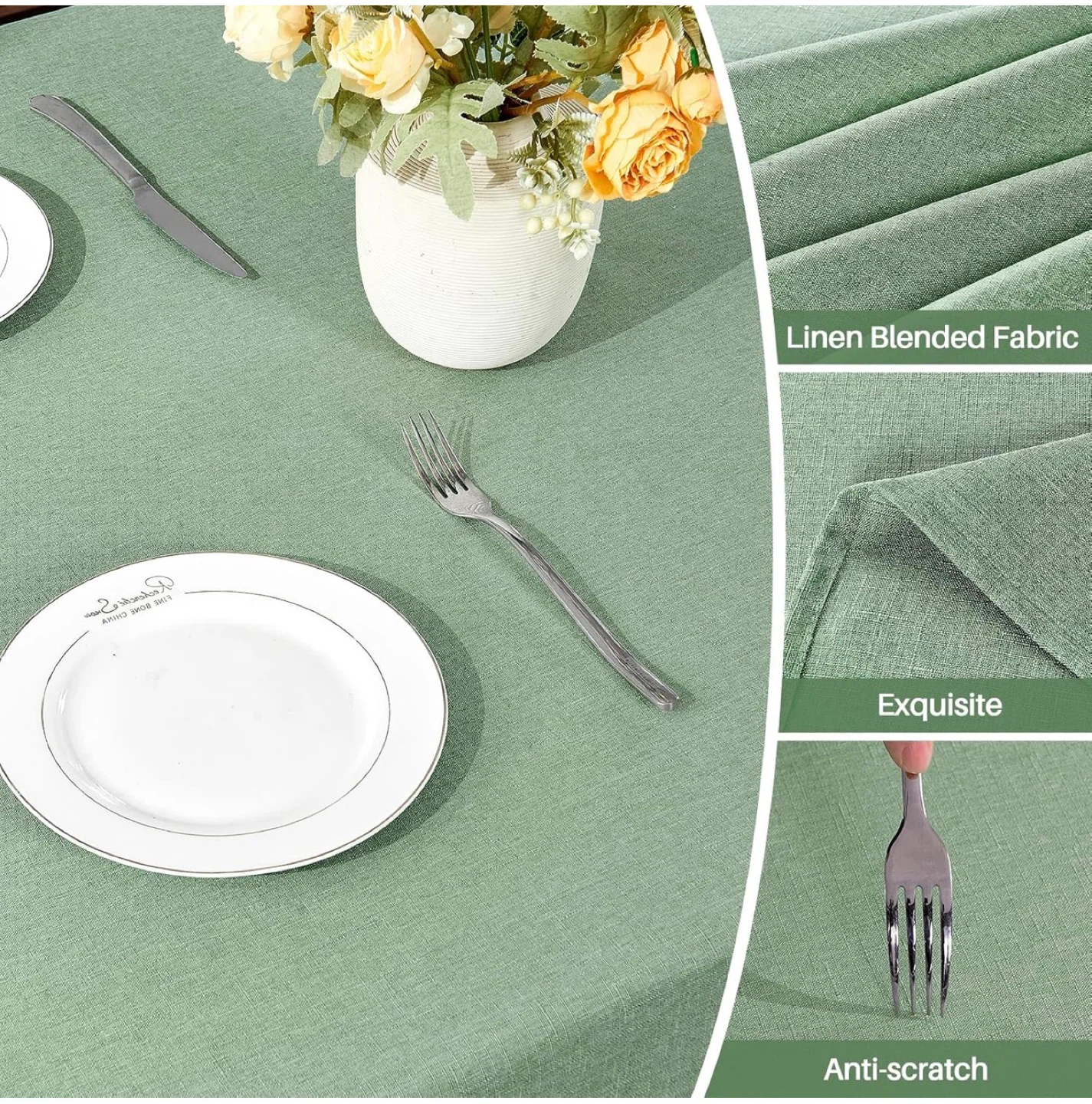 Sage Green Linen Blended Fabric Tablecloth 60" x 84" - photo 5