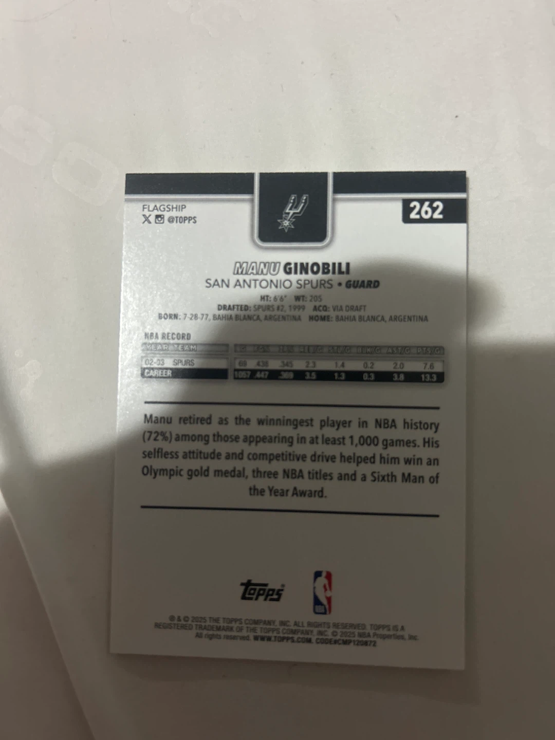 Topps Manu Ginobili 262 NBA Card - photo 2