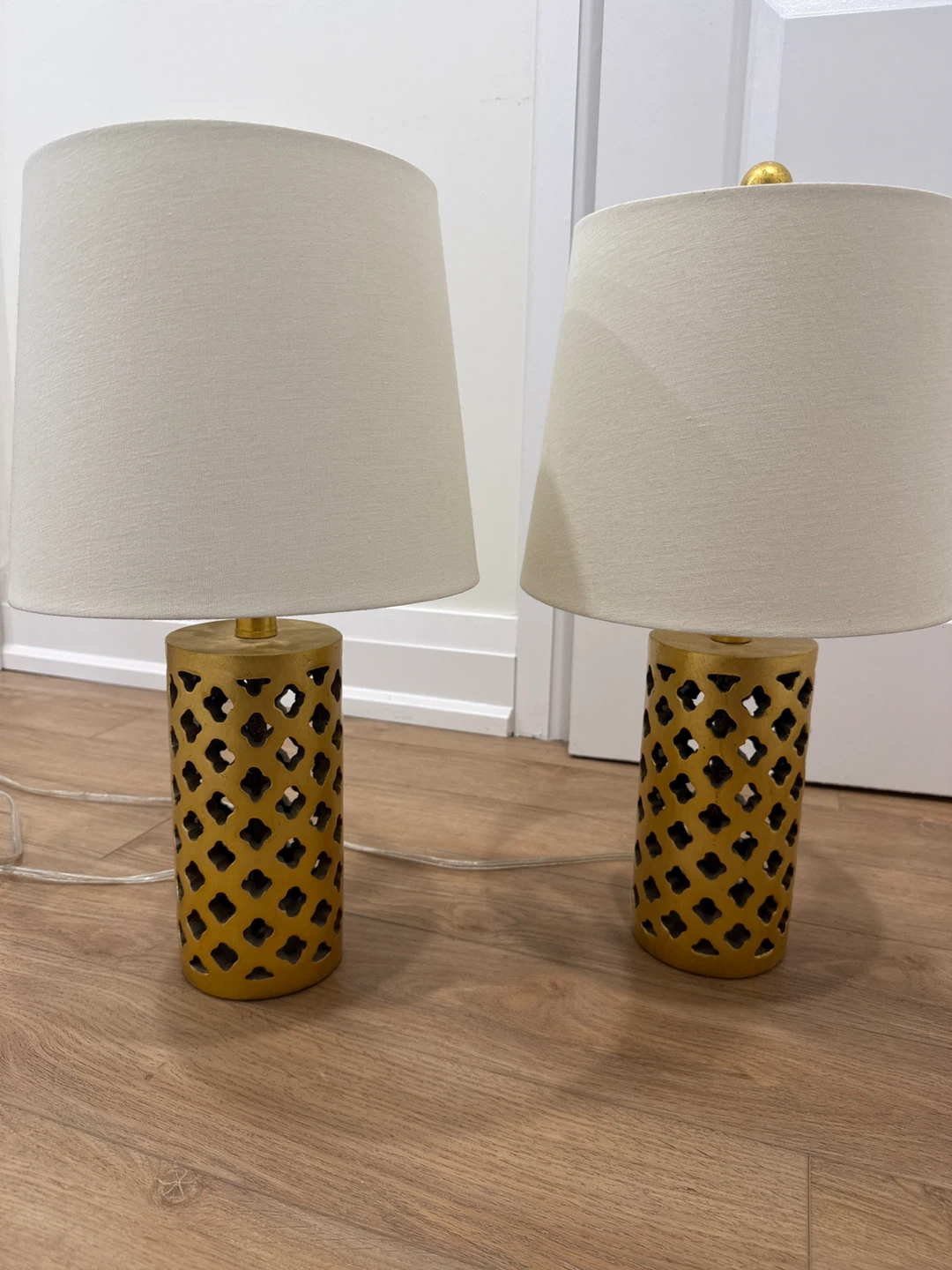 Set of 2 Gold Lantern Style Table Lamps with Cream Shades