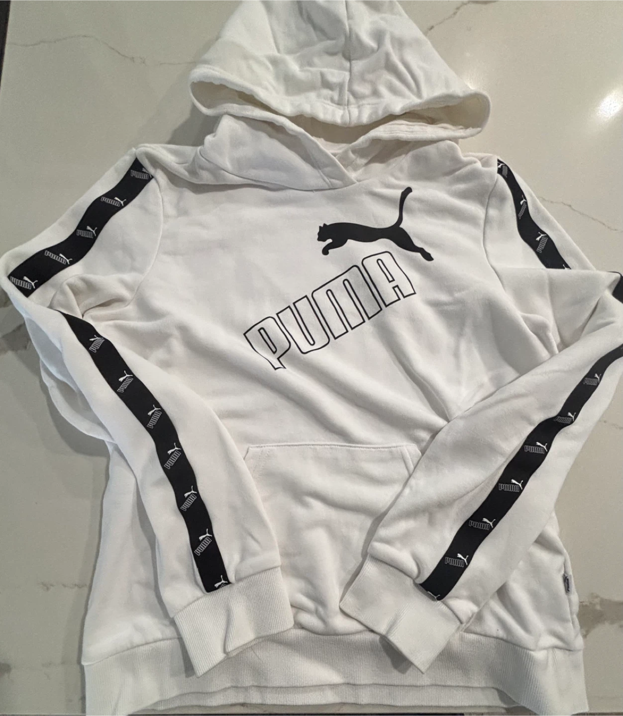 Kids Puma White Hoodie Size M (10/12) with Logo Tape
