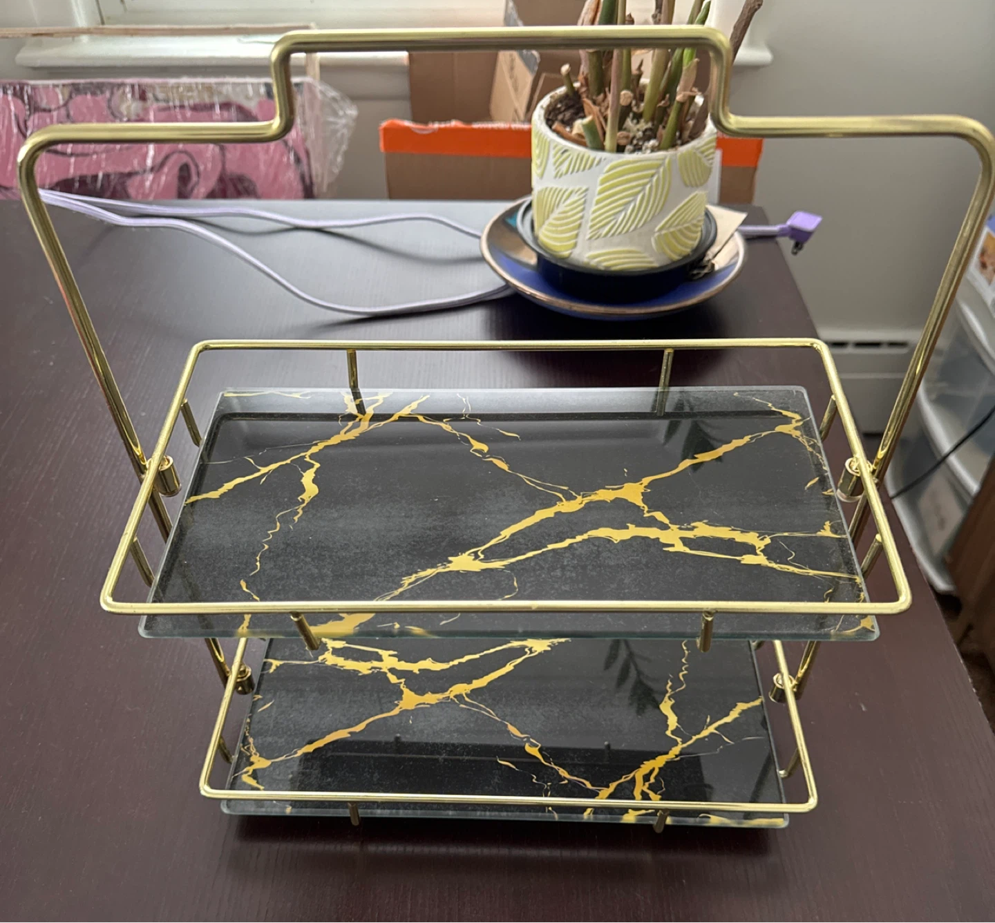 🏆 2-Tier Gold Metal and Marble Tray Stand - photo 3