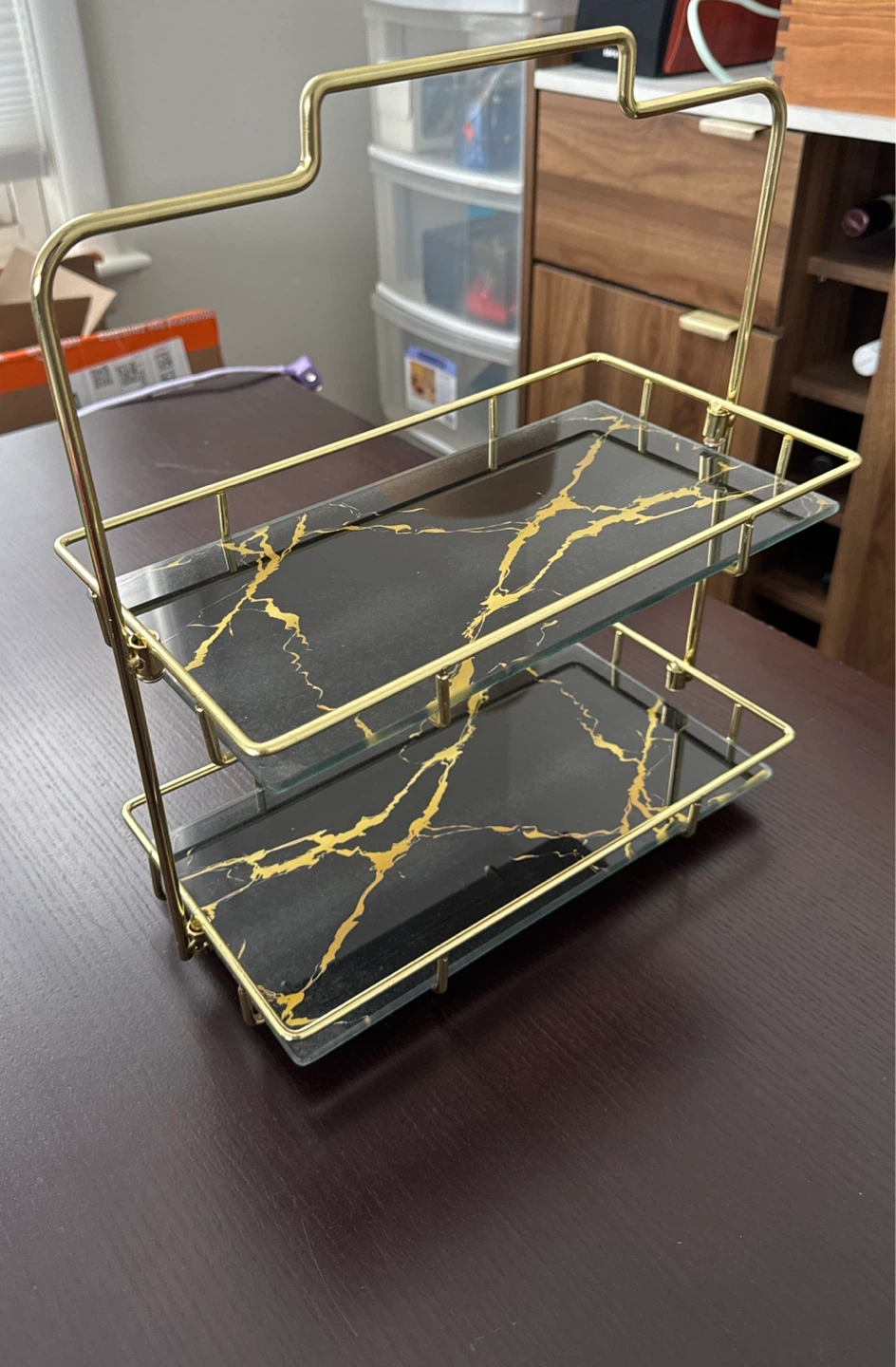 🏆 2-Tier Gold Metal and Marble Tray Stand