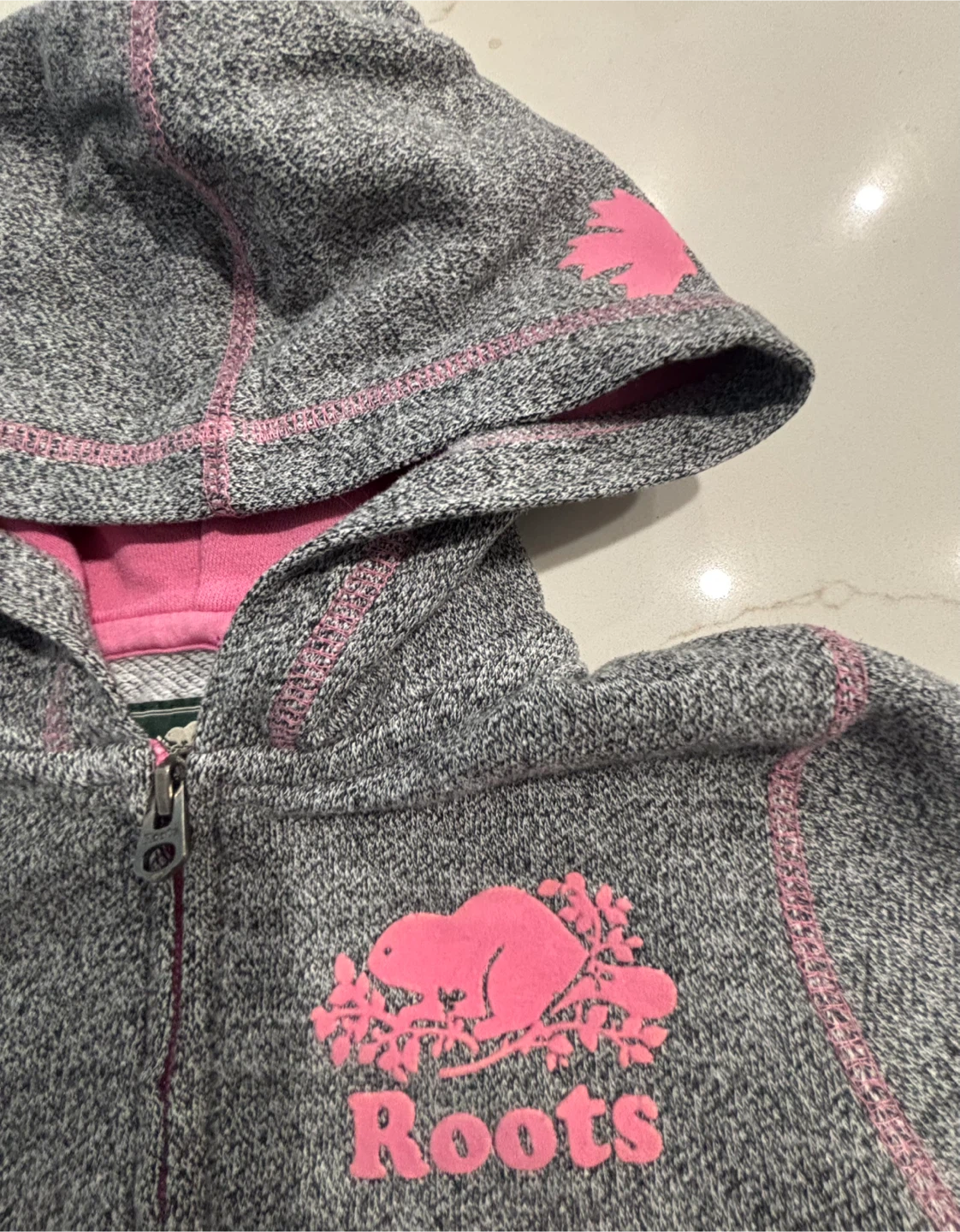 Roots Kids Grey Full Zip Hoodie with Pink Beaver Logo - photo 2