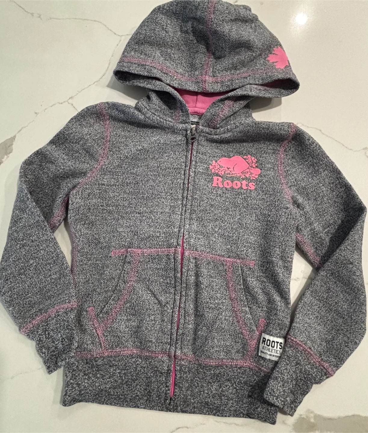 Roots Kids Grey Full Zip Hoodie with Pink Beaver Logo