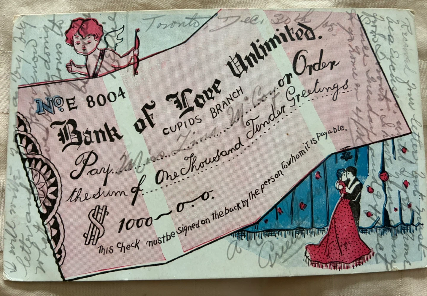 $15 cheque of love antique 1905 Valentine's Day card