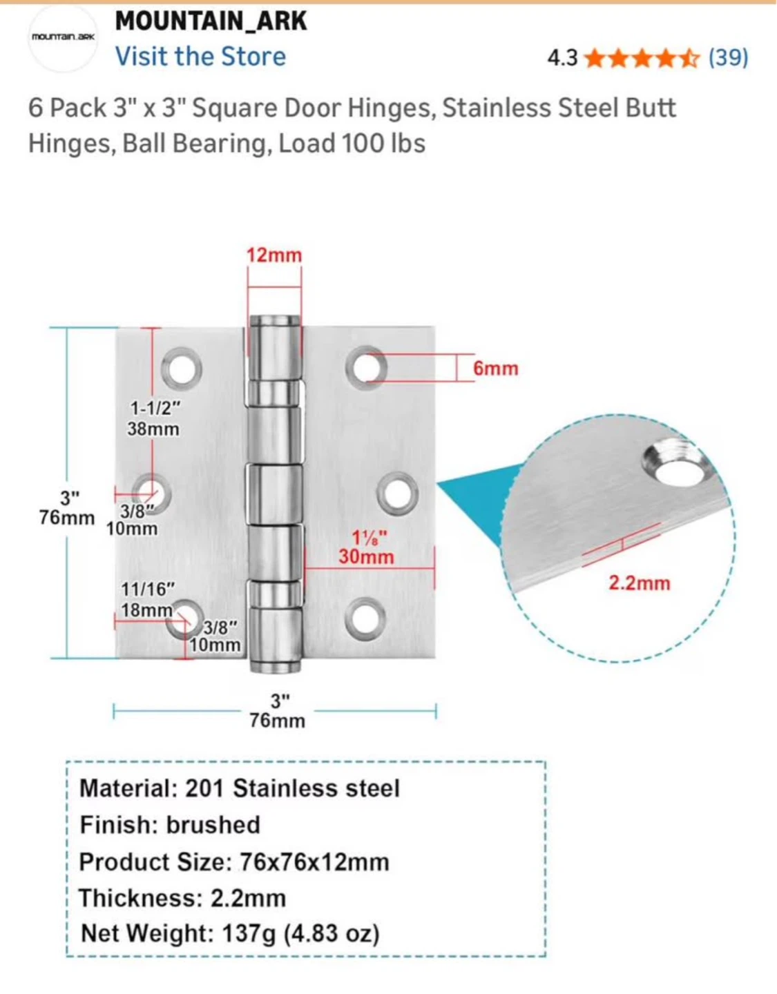 6 Pack 3" x 3" Square Door Hinges - Stainless Steel - photo 2