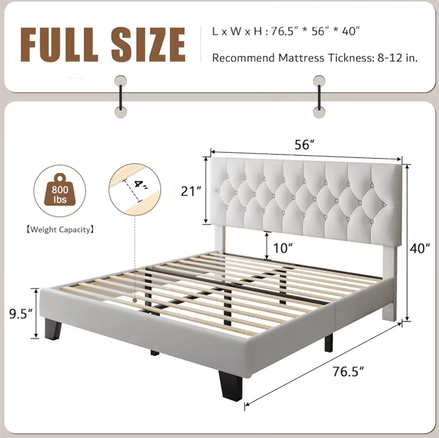 Full Size Tufted Headboard Bed Frame - White - photo 2