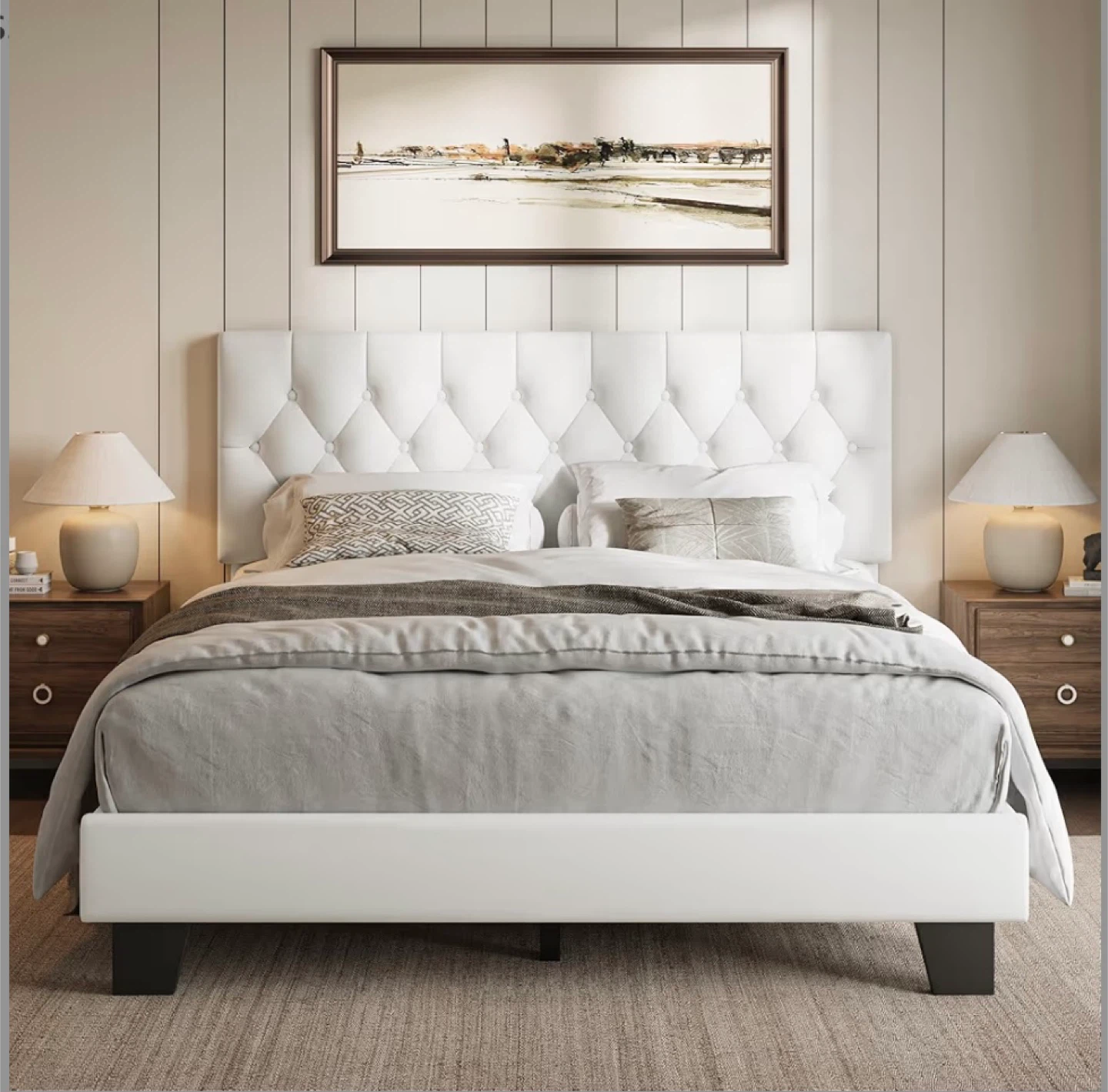 Full Size Tufted Headboard Bed Frame - White