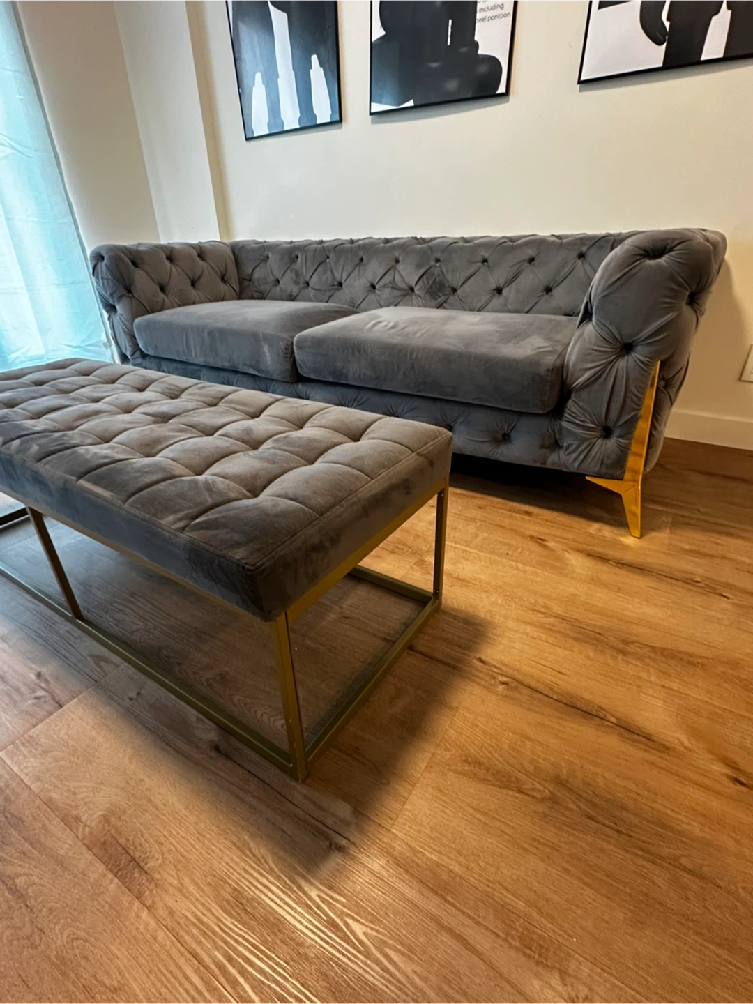 Grey Velvet Tufted Sofa with Gold Legs & ottoman - photo 5