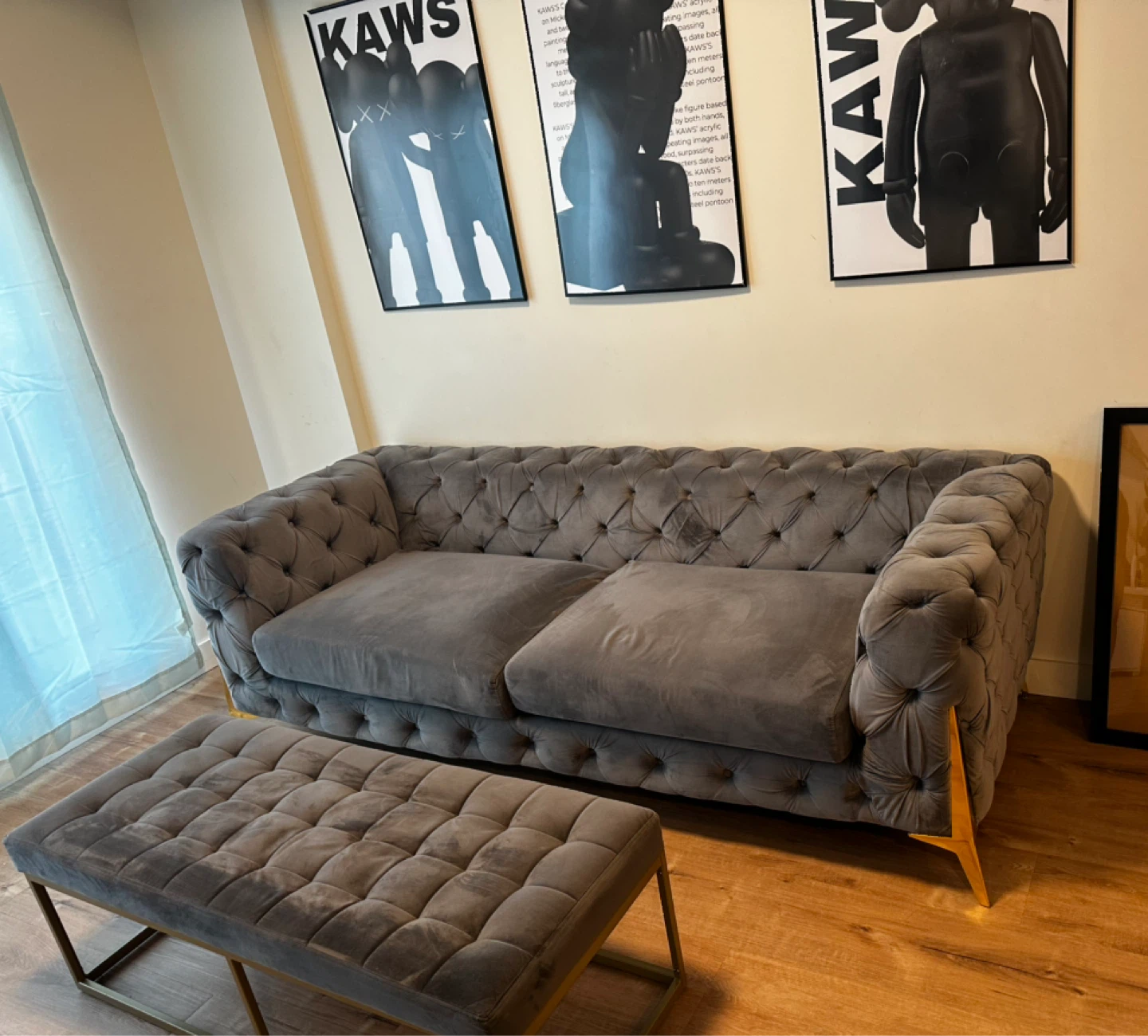 Grey Velvet Tufted Sofa with Gold Legs & ottoman