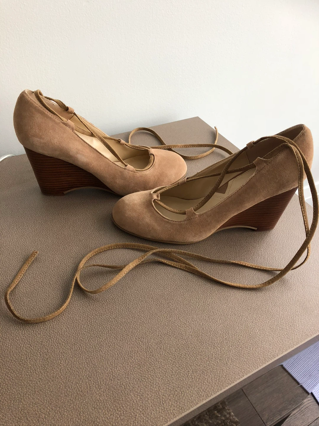 Tan Suede Wedge Heels with Lace-Up Straps - photo 2