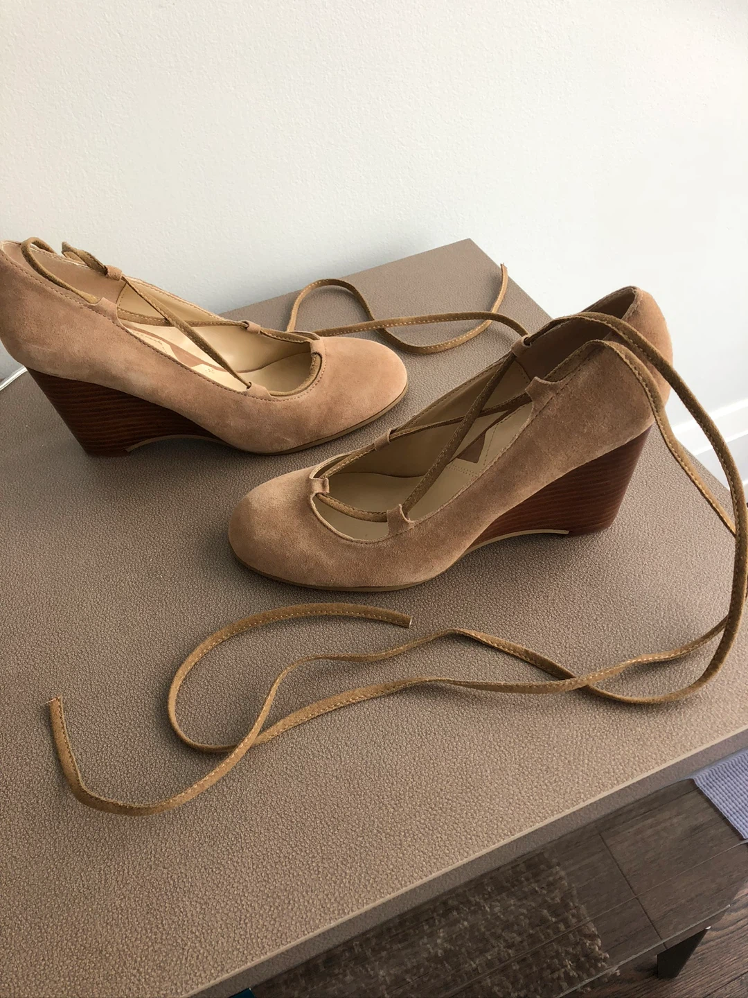 Tan Suede Wedge Heels with Lace-Up Straps - photo 3