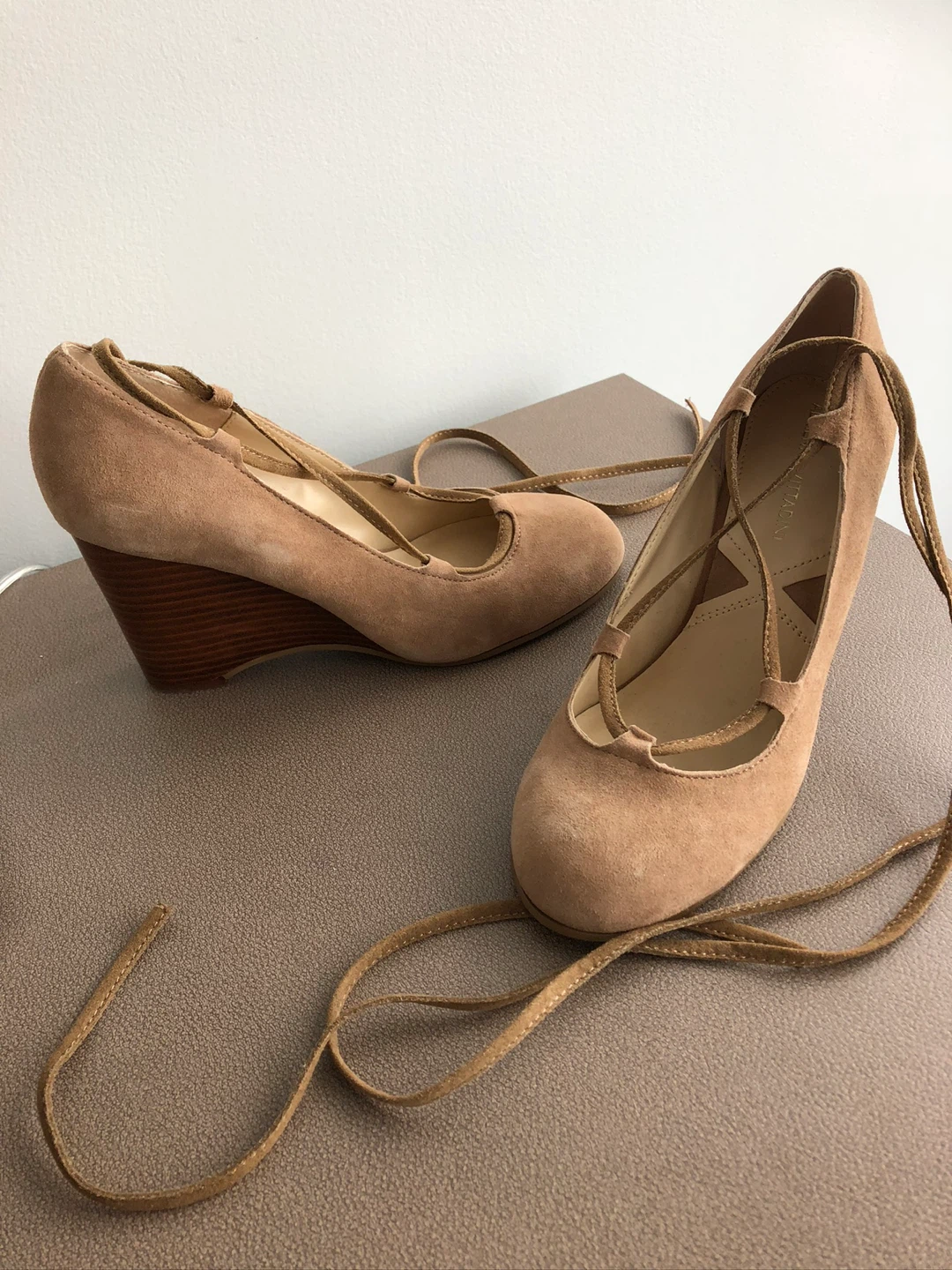 Tan Suede Wedge Heels with Lace-Up Straps