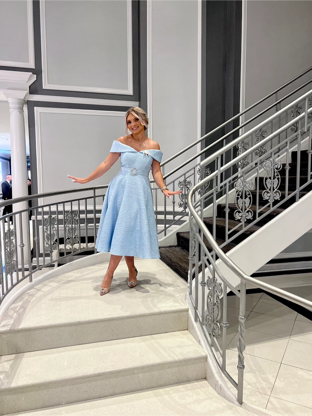 Light Blue Off-the-Shoulder A-Line Midi Dress with Belt