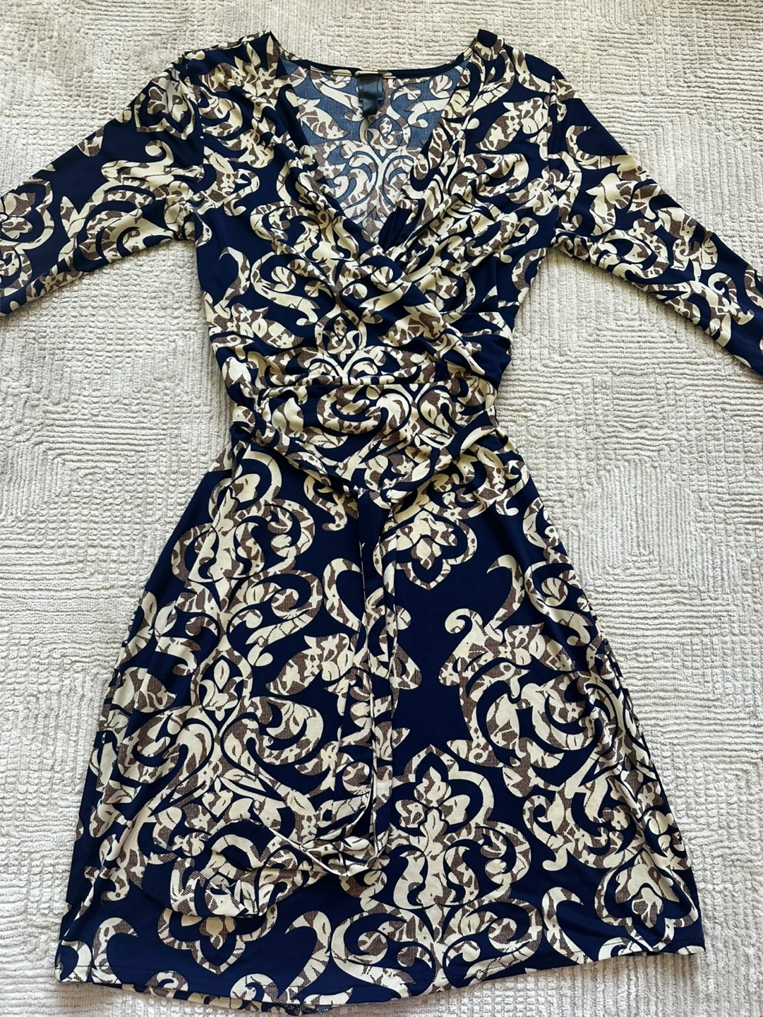 Navy and Beige Patterned Wrap Dress