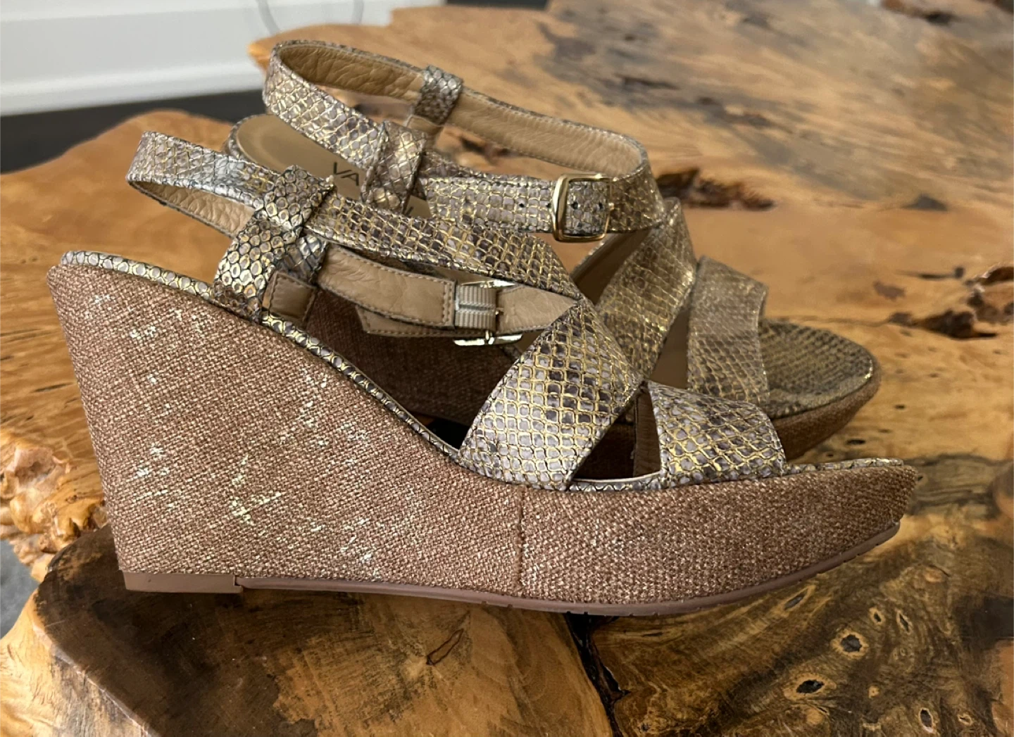 Women's Gold Snake Print Wedge Sandals