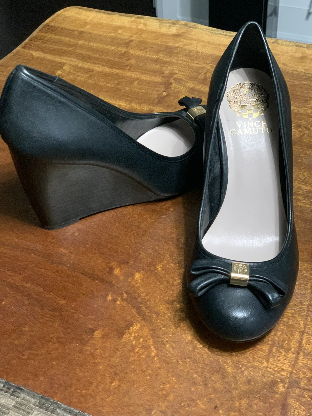 Vince Camuto Black Wedge Heels with Bow Accent
