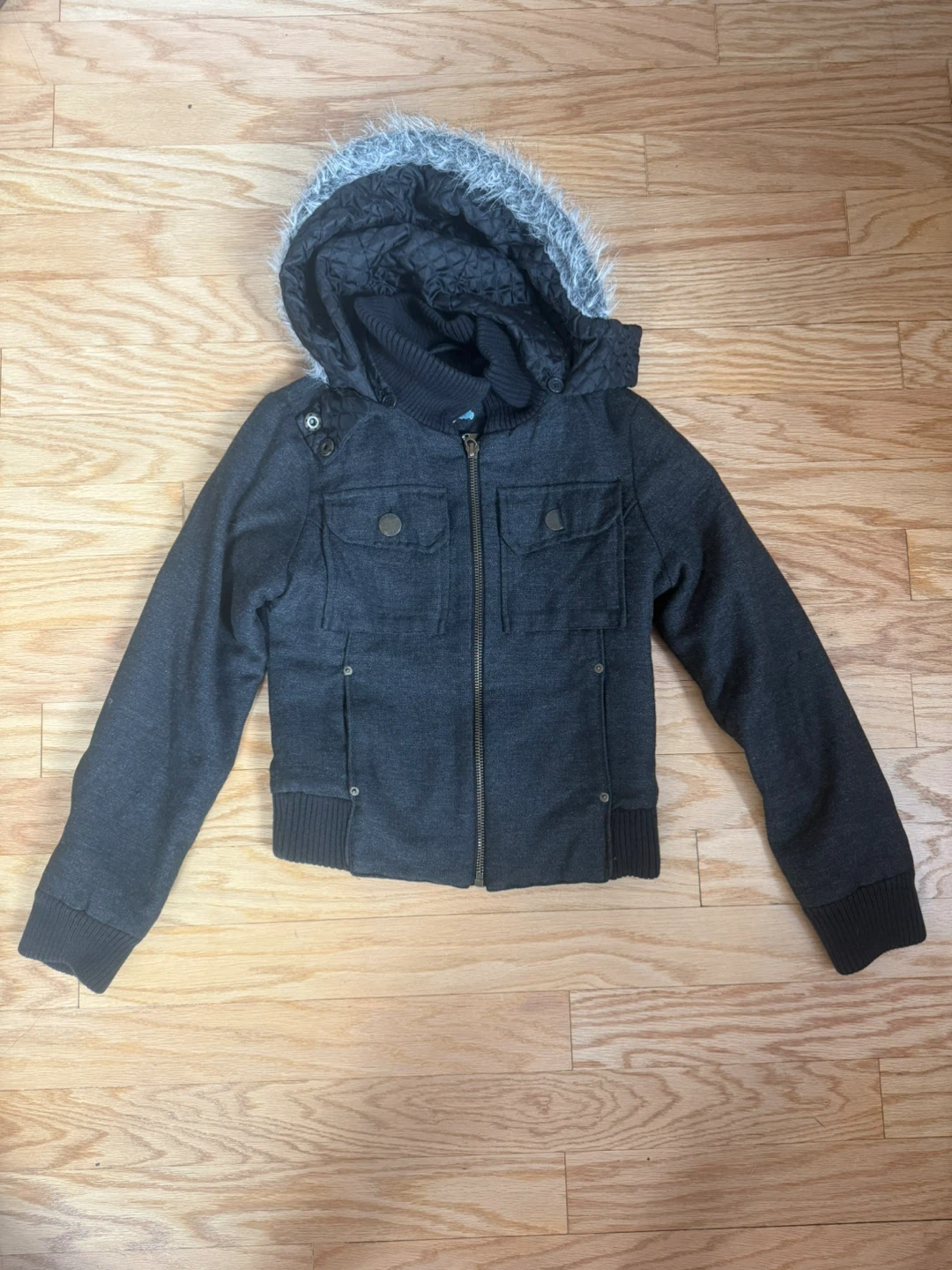 Charcoal Gray Faux Fur Hooded Jacket