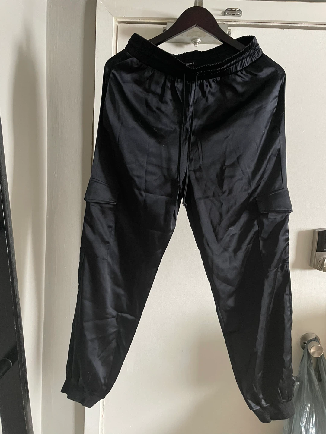 Forever 21 Black Satin Cargo Joggers