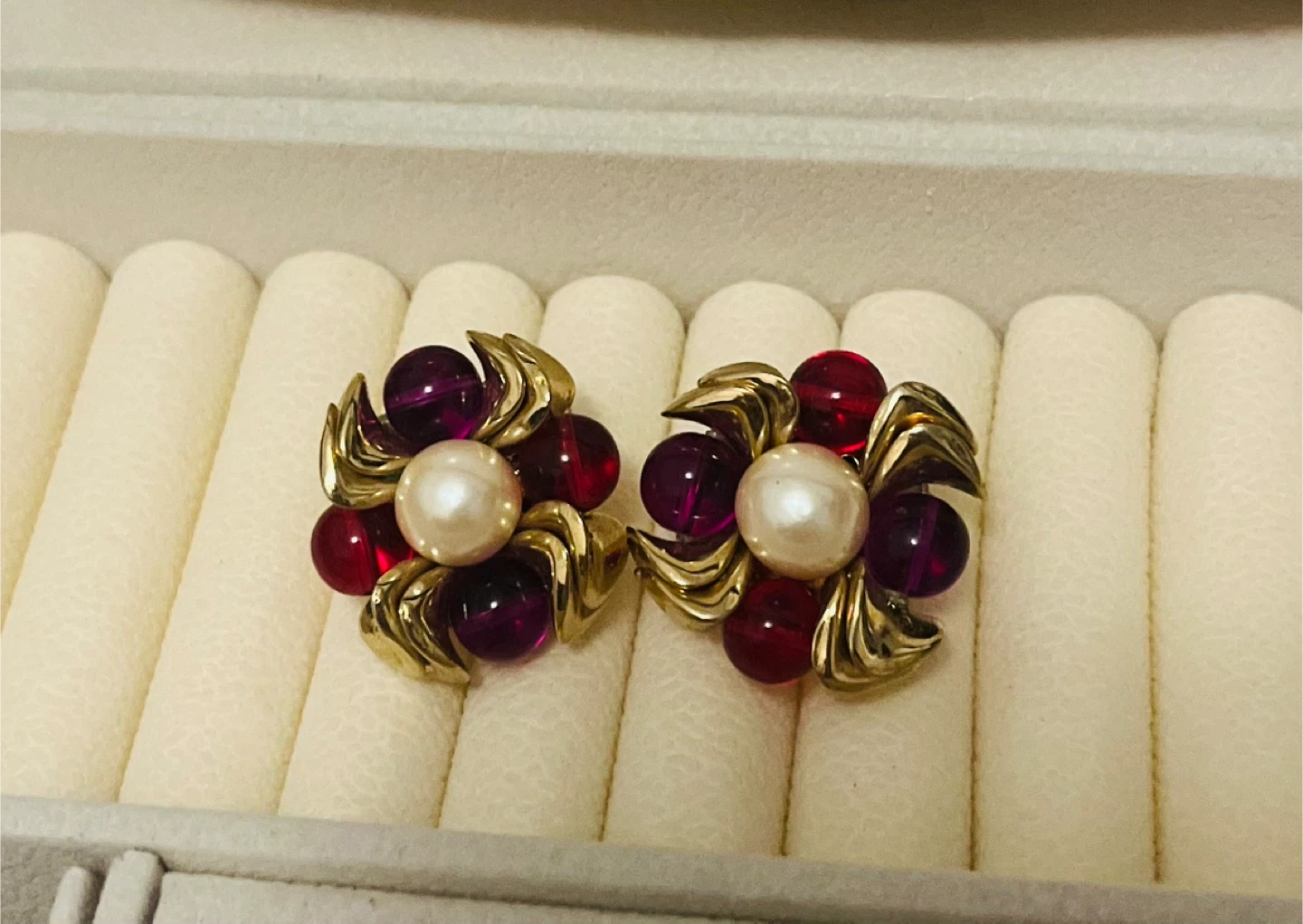 Gold-tone Flower Earrings with Pearl and Beads