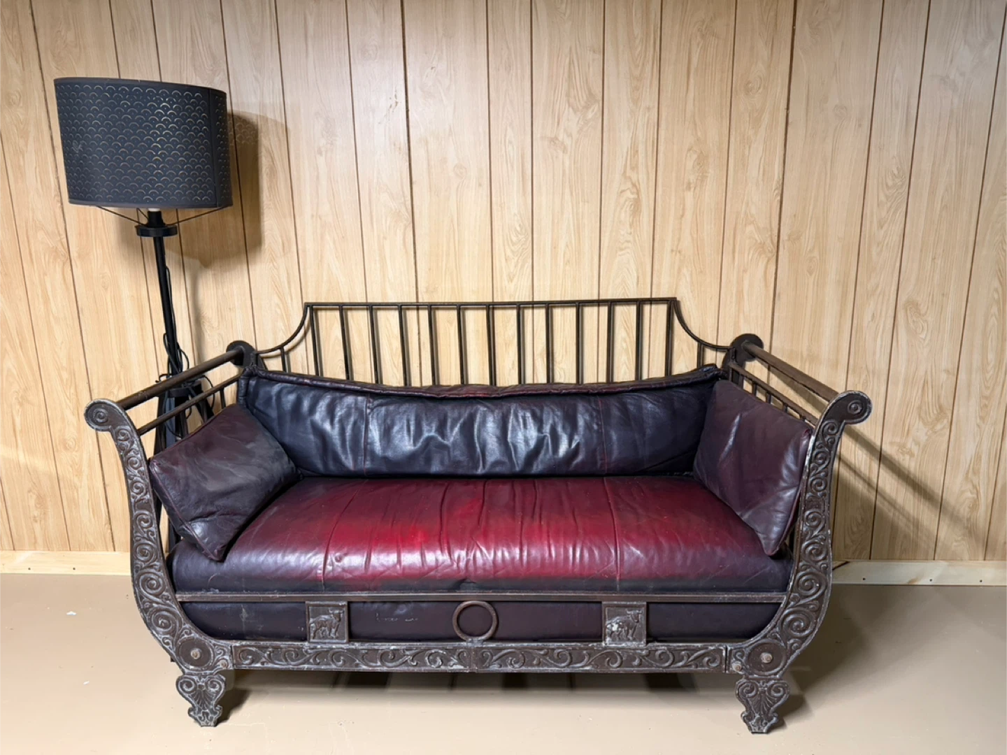 Vintage Metal Frame Daybed with Red & Black Leather Cushions