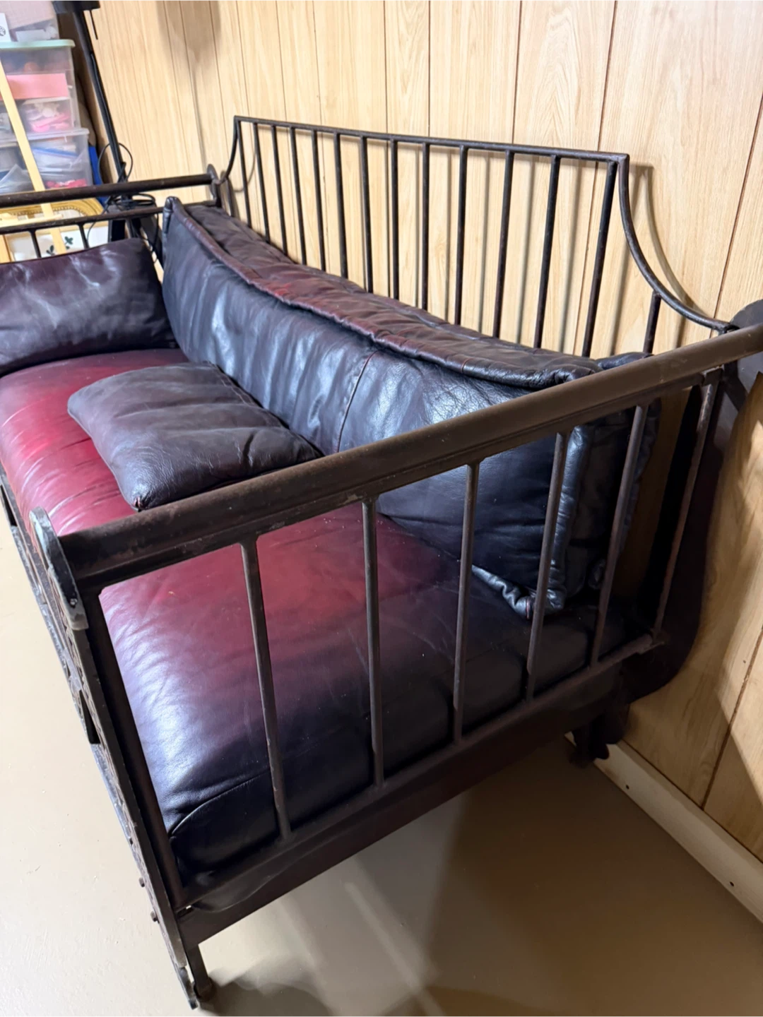 Vintage Metal Frame Daybed with Red & Black Leather Cushions - photo 3