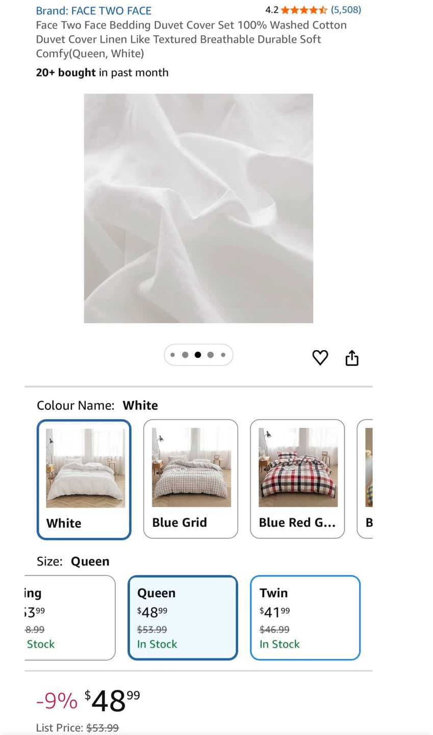 FACE TWO FACE Queen Duvet Cover Set - White 100% Washed Cotton - photo 4