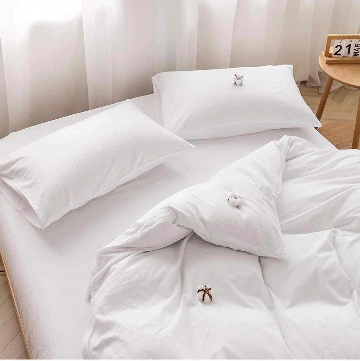 FACE TWO FACE Queen Duvet Cover Set - White 100% Washed Cotton