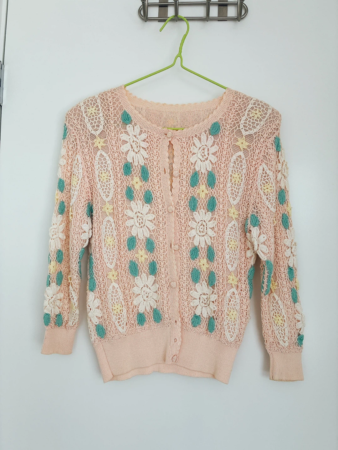 Pink Crochet Cardigan with Floral Appliqué