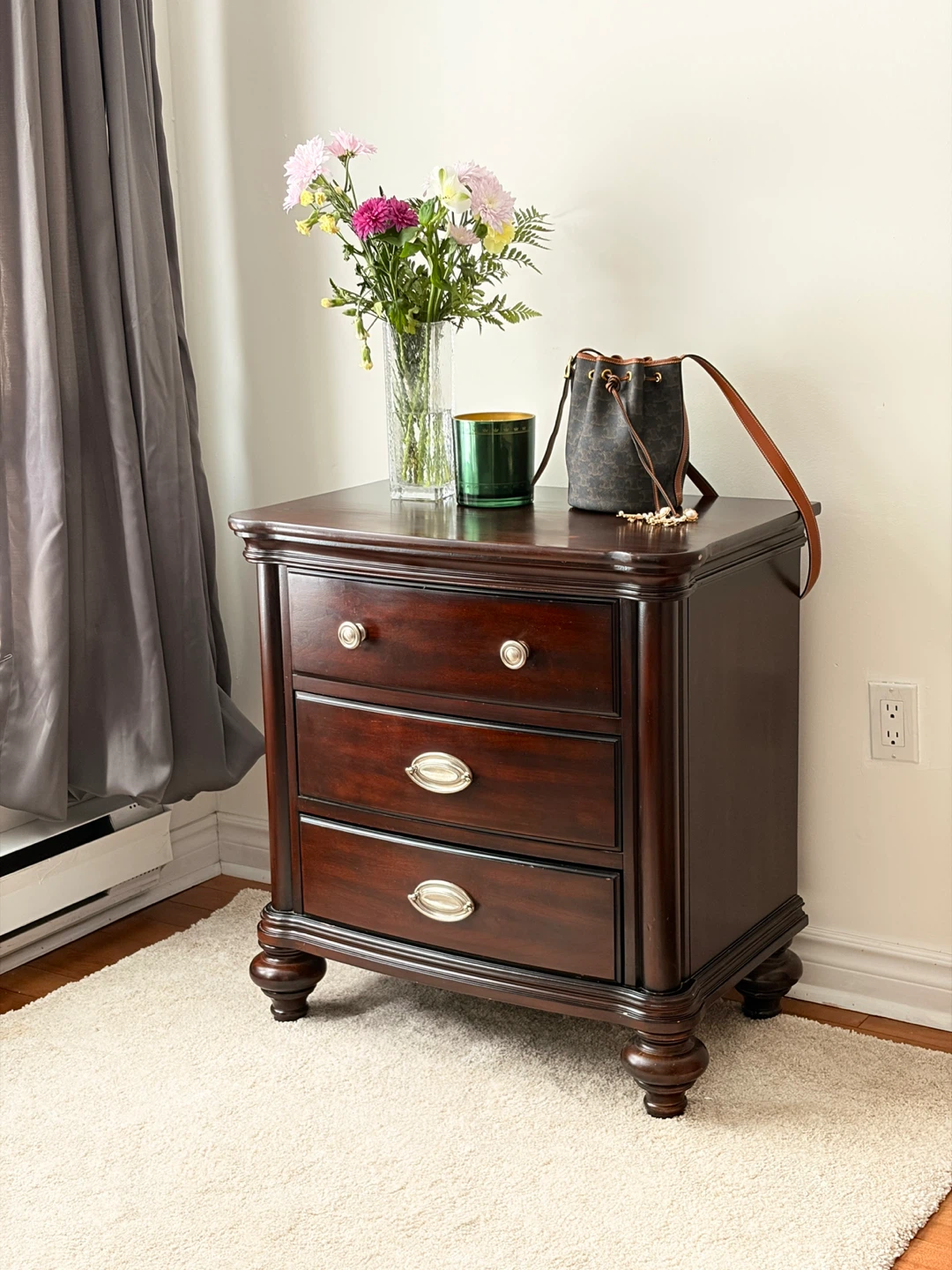 Dark Brown Wooden Nightstand with 3 Drawers