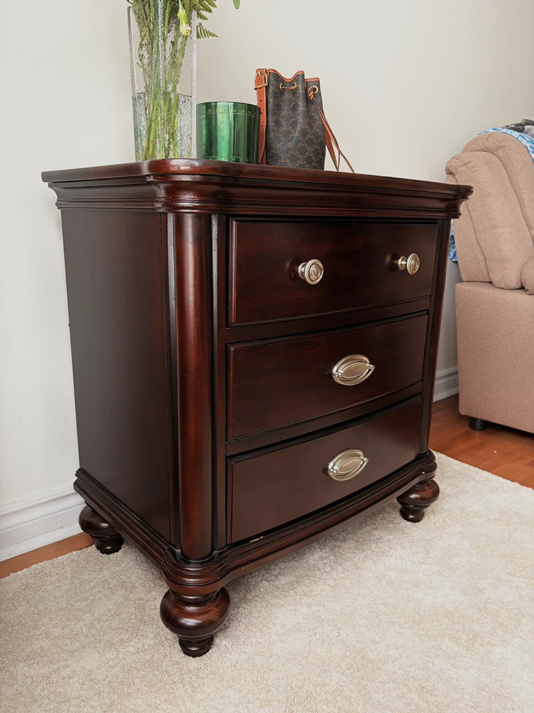 Dark Brown Wooden Nightstand with 3 Drawers - photo 2