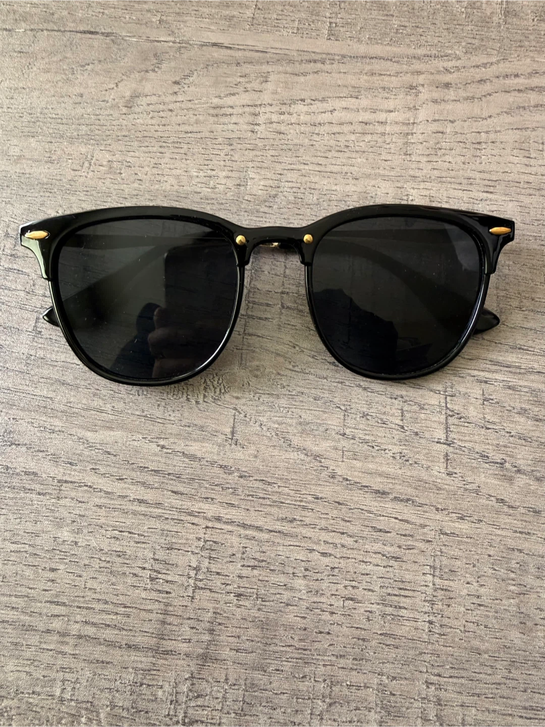Black Wayfarer Style Sunglasses with Gold Accents