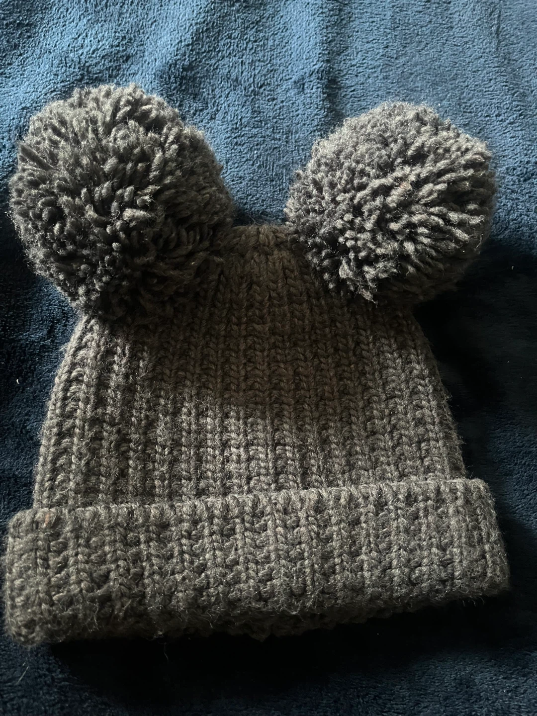Grey Knit Beanie with Double Pom Poms