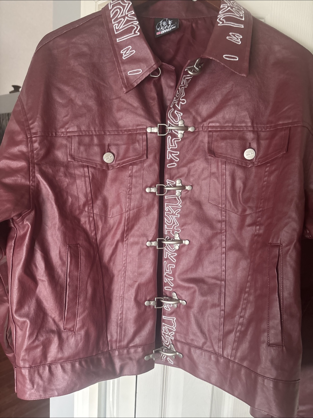 GR8NWEST Burgundy Faux Leather Jacket with Embroidered Details