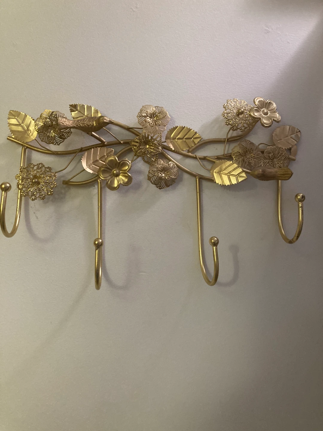 Gold Metal Wall Hook Rack with Bird and Flower Design - photo 3