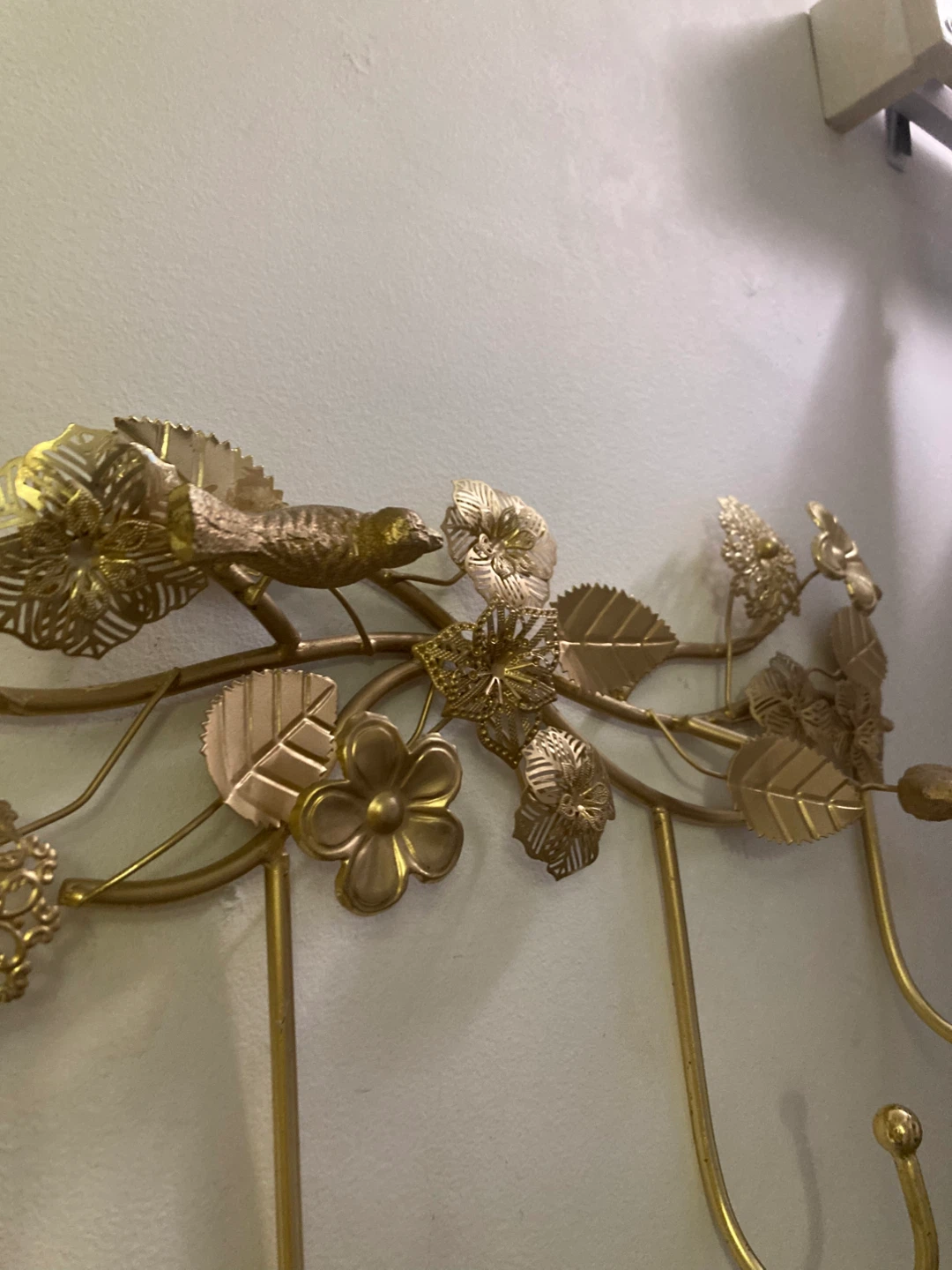 Gold Metal Wall Hook Rack with Bird and Flower Design