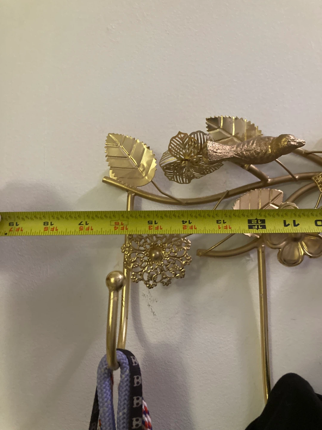 Gold Metal Wall Hook Rack with Bird and Flower Design - photo 5