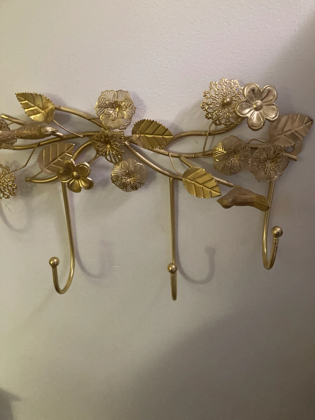 Gold Metal Wall Hook Rack with Bird and Flower Design - photo 2