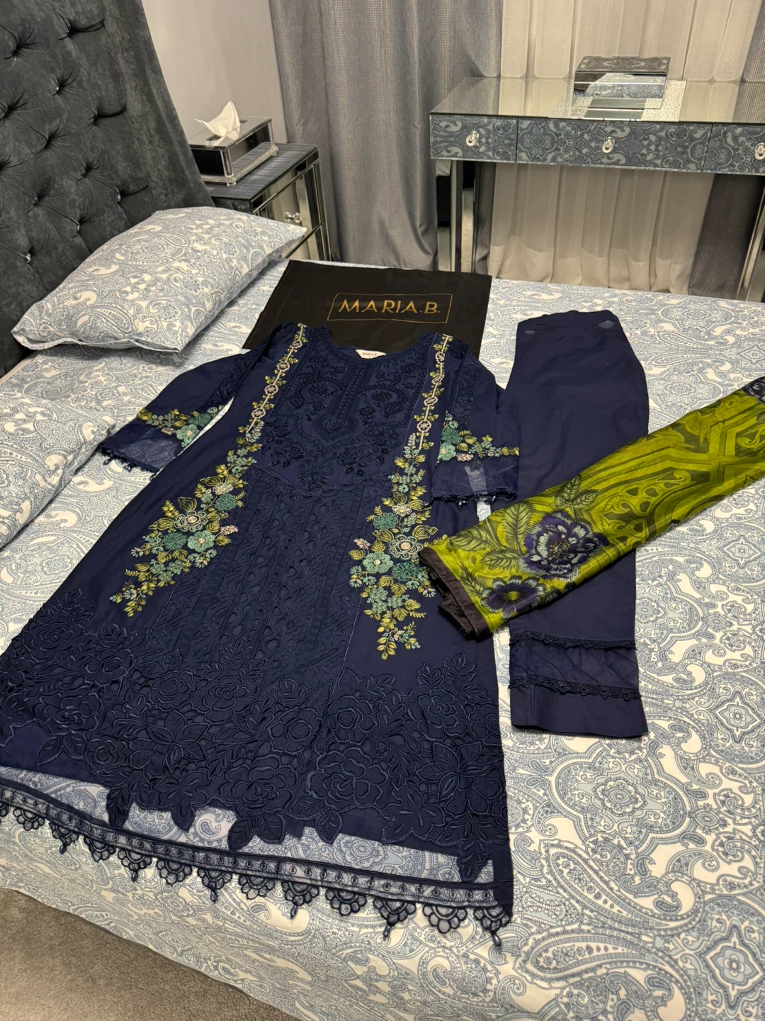 Maria B. Navy Embroidered Lawn Suit with Dupatta - photo 2