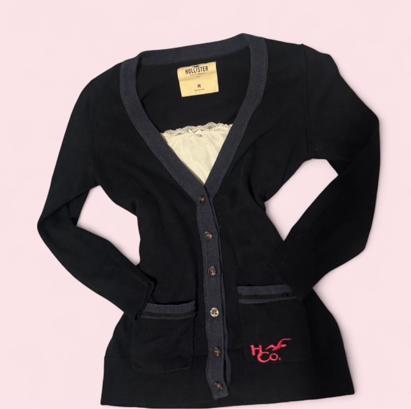 Hollister Black Cardigan with pink  Logo - Size M