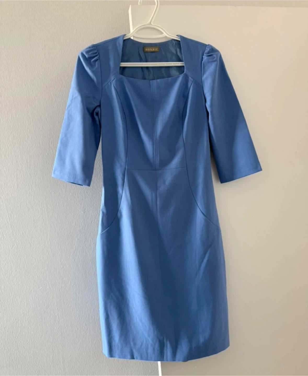 Blue Square Neck 3/4 Sleeve Dress