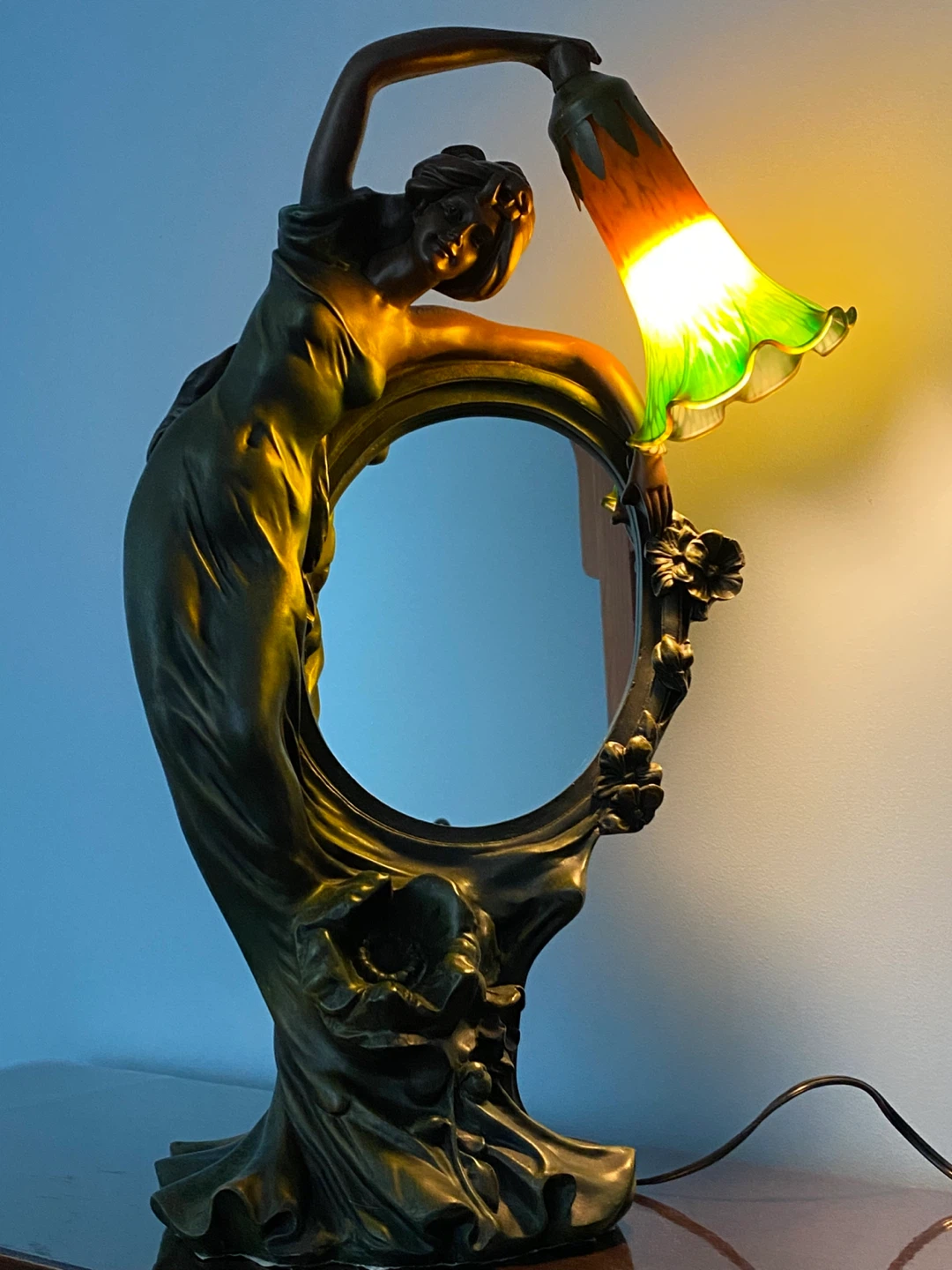 Vintage Art Nouveau Lady Figural Table Lamp with Mirror