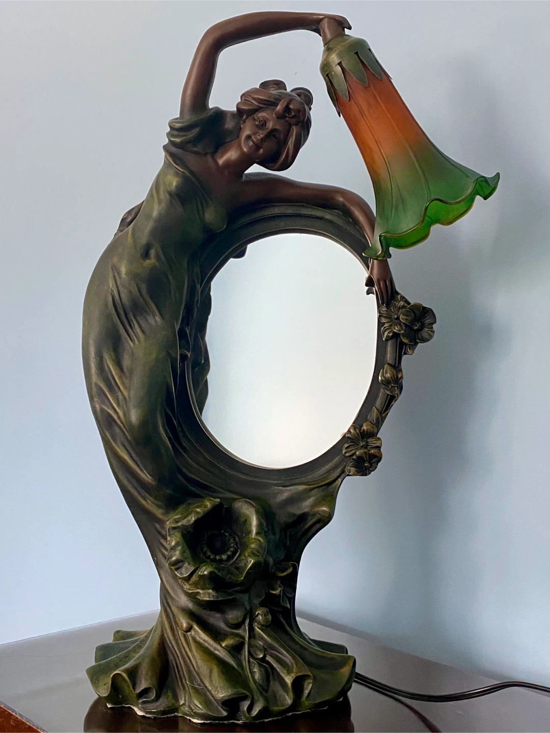Vintage Art Nouveau Lady Figural Table Lamp with Mirror - photo 3