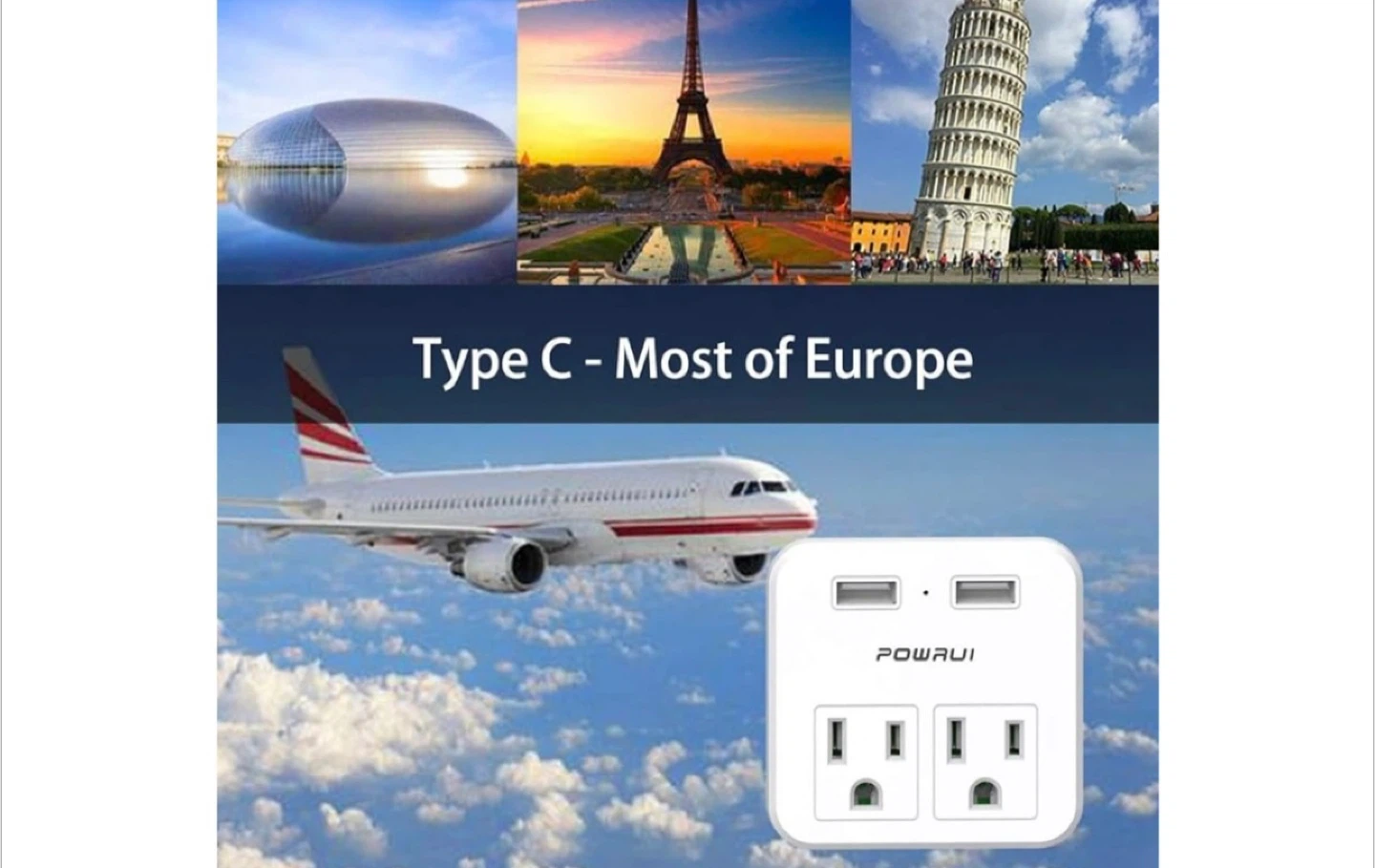 POWRUI 2-Outlet and 2-USB Travel Adapter