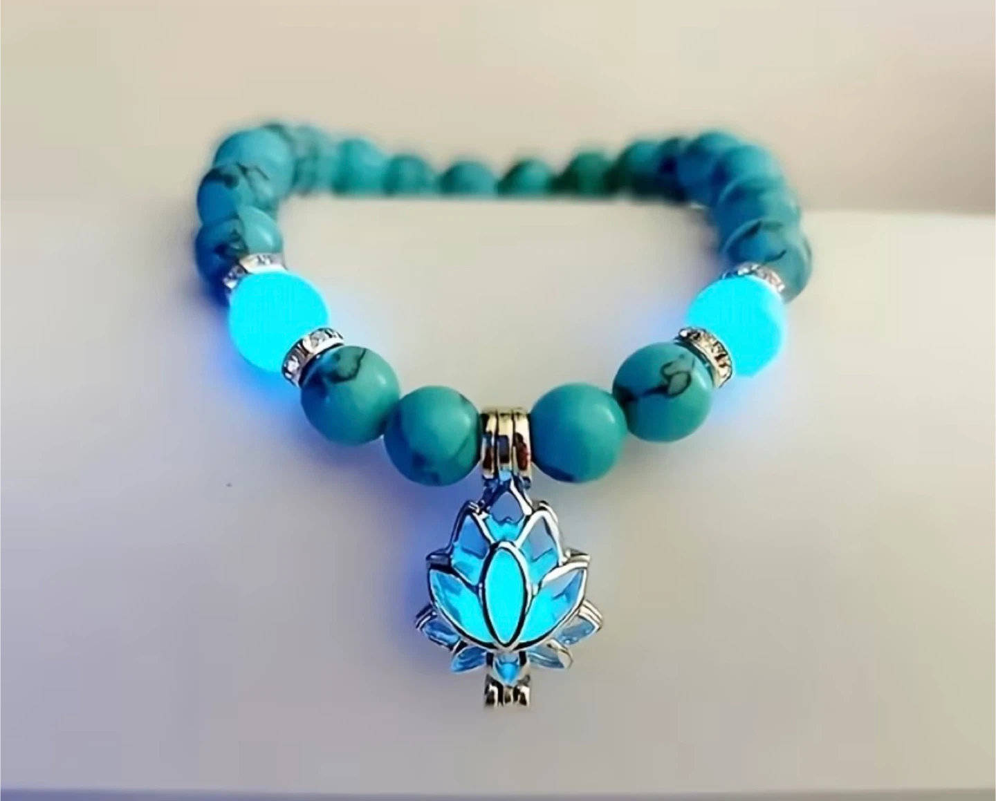Turquoise Beaded Bracelet with Luminous Lotus Charm