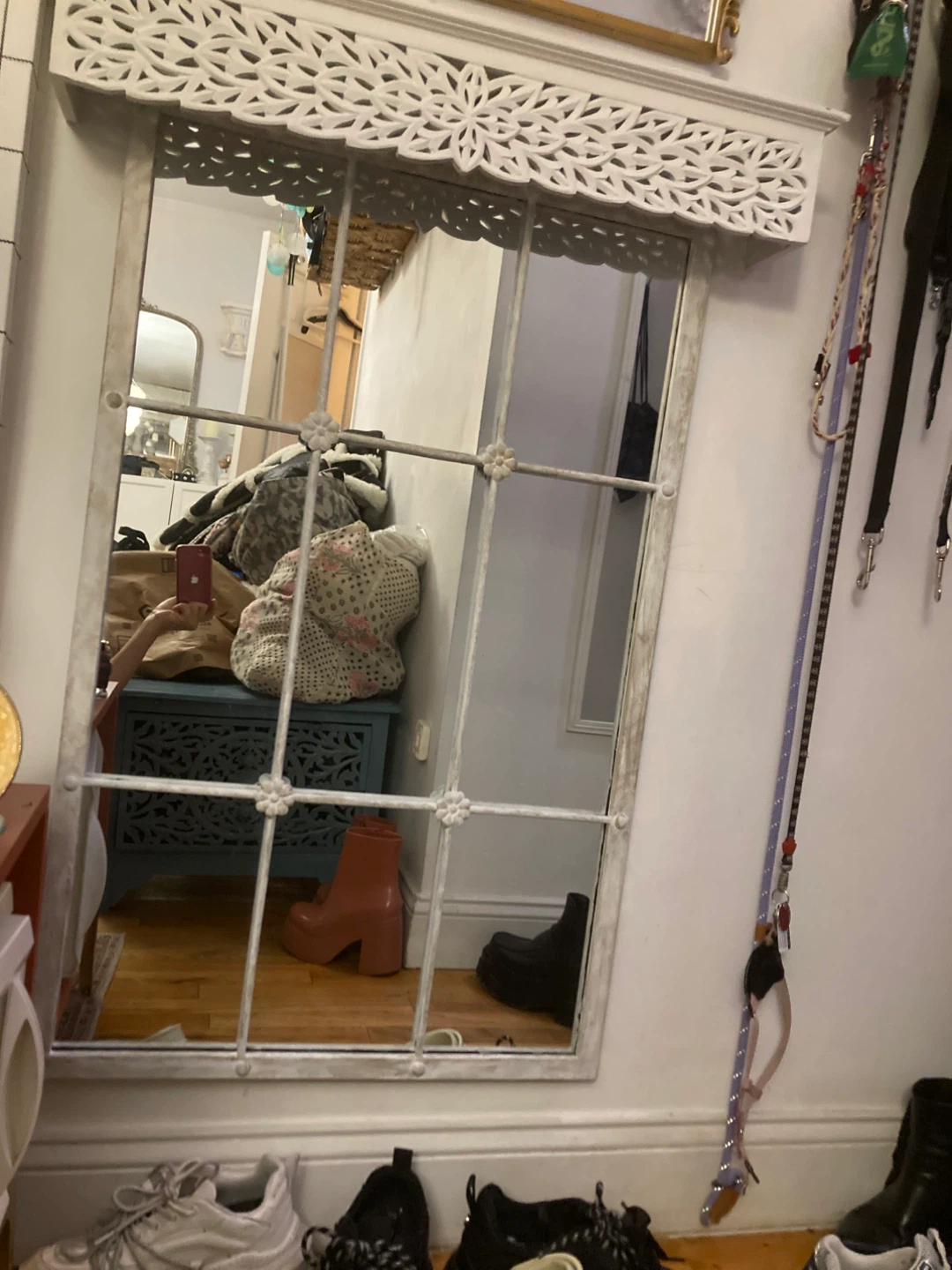 Distressed White Window Pane Wall Mirror with Carved Top - photo 3